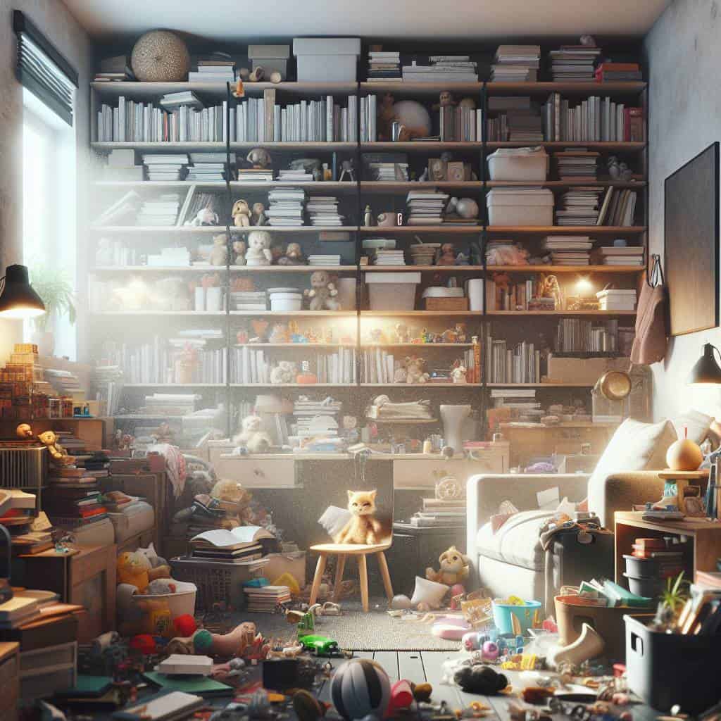 Cluttered living room, decluttering challenges evident.